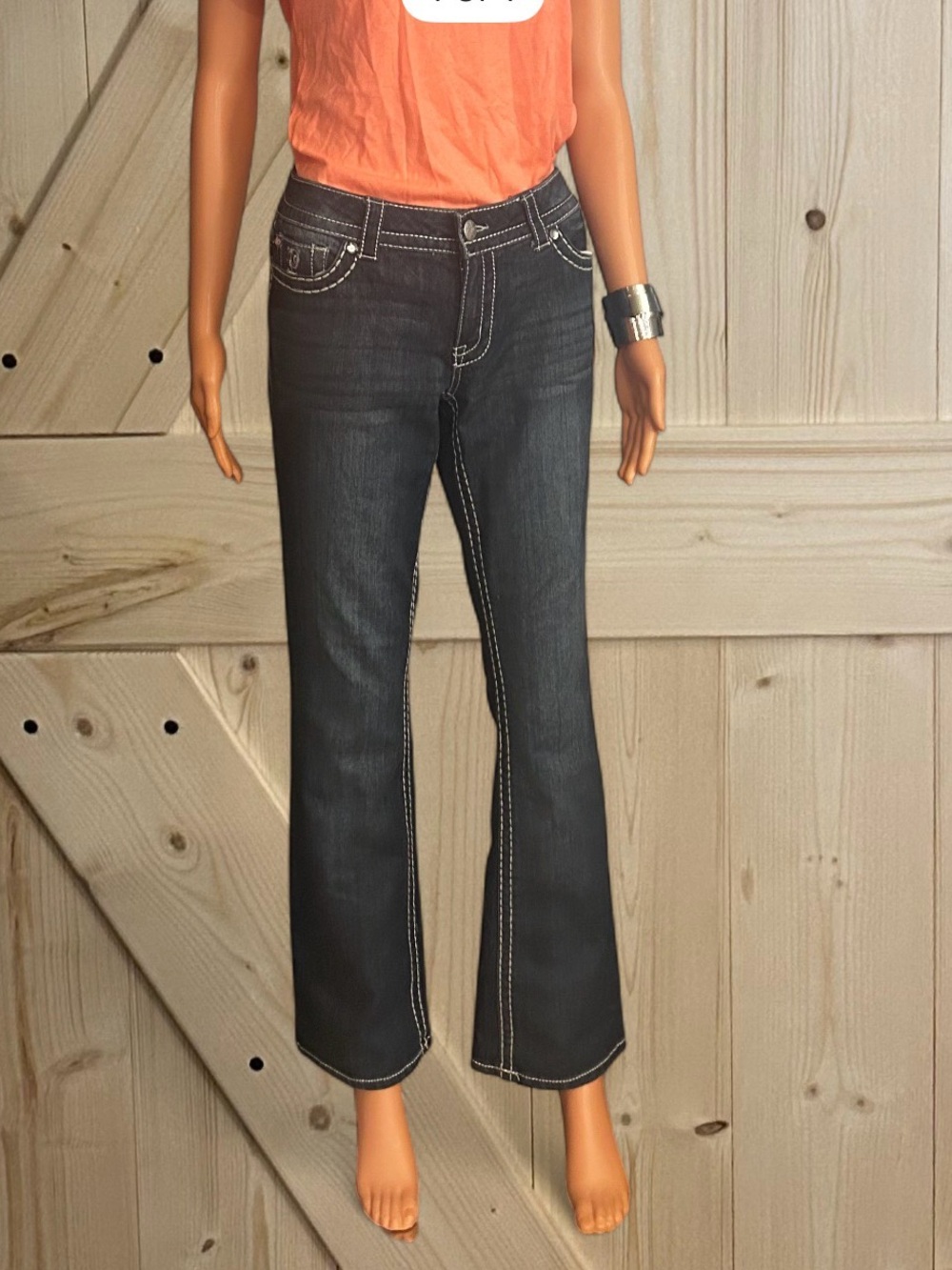 Paisley Sky Dark Blue Bootcut Jeans with Contrast White Stitching